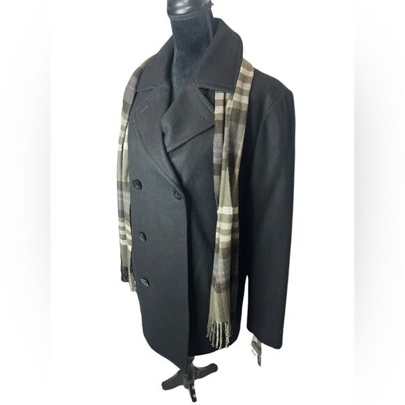 NWT LIZ CLAIBORNE MENS BLACK WOOL BLEND W/ PLAID SCARF ATTACHED PEACOAT SIZE M - Picture 6 of 12